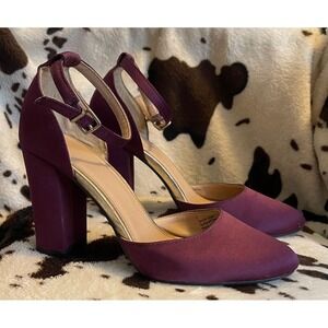 Block Heel Ankle Strap Pumps Party Dress Shoes Plum Purple